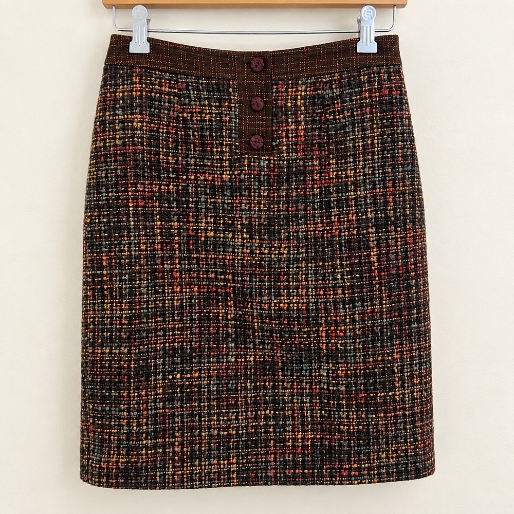 Worth New York Wool Tweed Pencil Skirt Brown Orange Plaid Knee Length Size 0